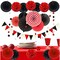 Party Decoration, 21 Pcs Black and Red Hanging Paper Fans Pom Poms Flowers, Garlands String Polka Dot and Triangle Bunting Flags for Minnie Mouse Birthday Parties Baby Showers Wedding